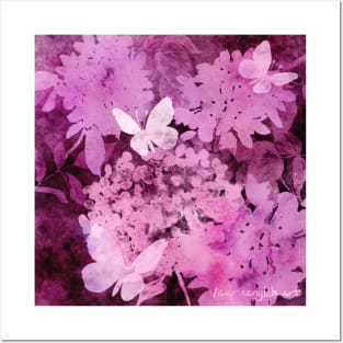 Butterflies and Hydrangeas Negative Painting Pink Posters and Art